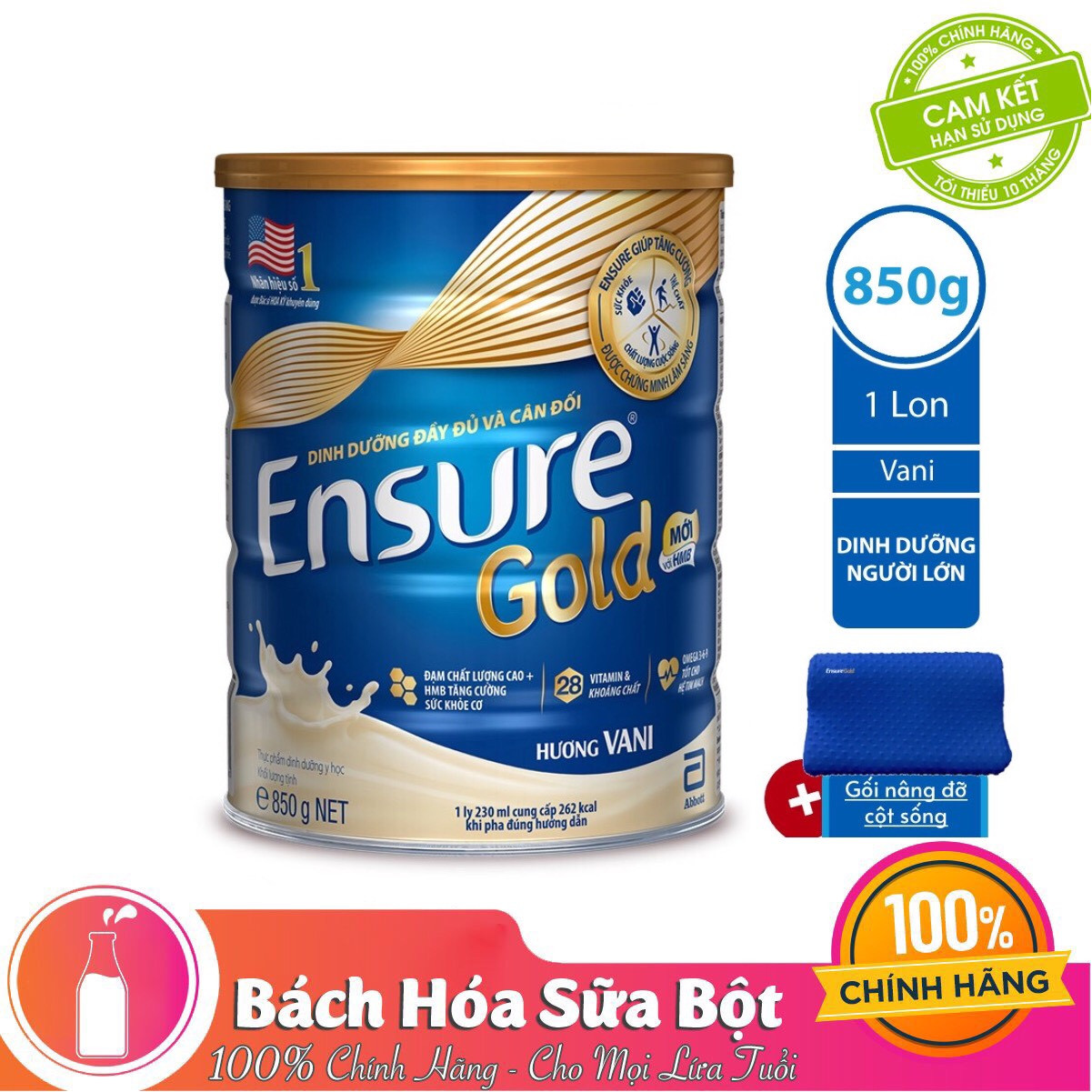 Sữa Bột Abbott Ensure Gold ESLA Dinh Dưỡng Đầy Đủ Và Cân Đối (850g) - Tặng Gối Cao Su Non (Màu Ngẫu Nhiên)