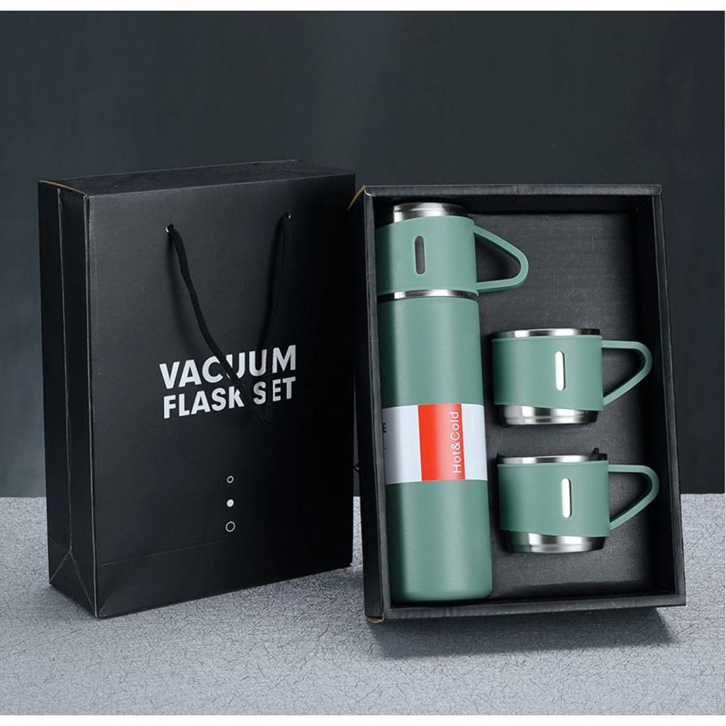 BỘ BÌNH NƯỚC GIỮ NHIỆT INOX 304 DUNG TÍCH 500ML KÈM 2 CỐC CÁCH NHIỆT VACUUM FLASK CÓ QUAI CẦM + FULL BOX CAO CẤP