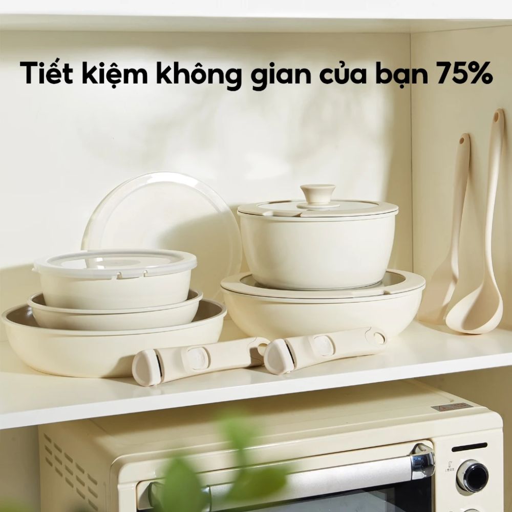 Bộ Nồi Chảo Đá Gốm Chống Dính Mishio 15 Món (5 Nồi Chảo) - Tay Cầm Tháo Rời Thông Minh, Không Chứa PFAS/PTFE, Tương Thích Mọi Loại Bếp - hàng chính hãng
