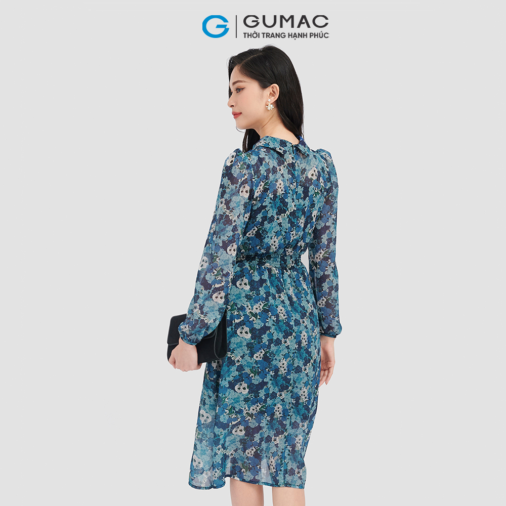 Đầm form A GUMAC LD0906 họa tiết tay dài eo nhún thời thượng
