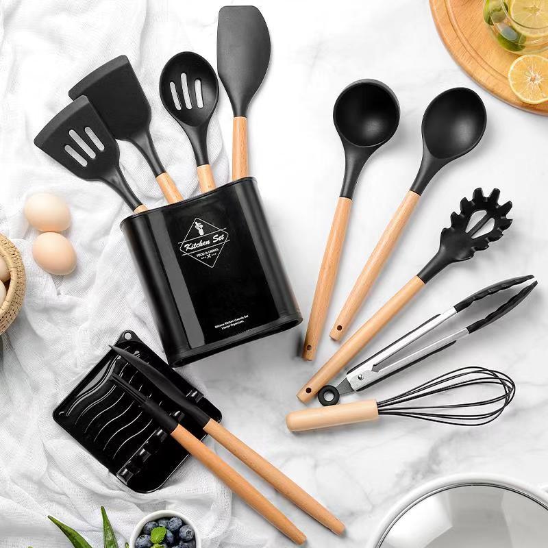 Mới Nhất Tay Cầm Bằng Gỗ Silicone Dụng Cụ Nấu Ăn Bộ Nồi Chịu Nhiệt Dính Đồ Dùng Nhà Bếp Công Cụ Nhà Bếp Phụ Kiện Tiện Ích