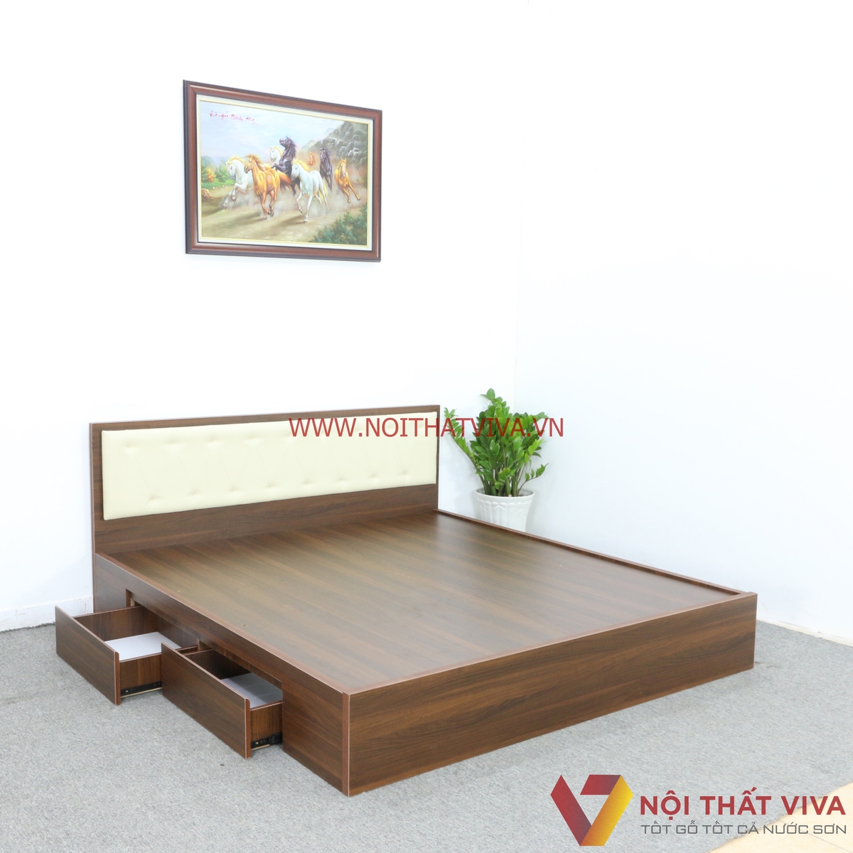 Giường Ngủ Gỗ MDF Melamine Màu Nâu Có Ngăn Kéo + Đầu Nệm Kem Đẹp