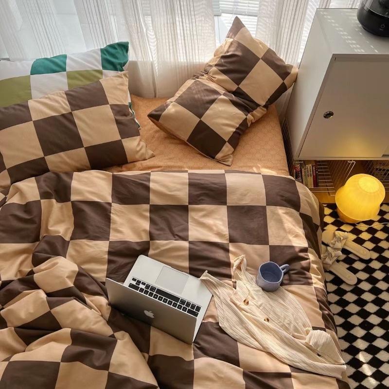 Bộ Chăn Ga Gối Cotton Living Hàng Nhập Khẩu Cao Cấp 4 Món Ô Vuông sen màu