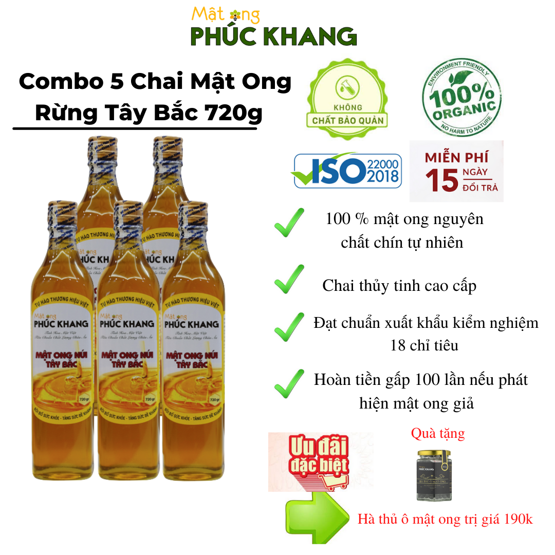 5 chai Mật ong nguyên chất hoa rừng tây bắc Phúc Khang - Hàng Chính Hãng - Mật ong sạch , mật ong cao cấp đạt tiêu chuẩn xuất khẩu - Bồi bổ cơ thể , tăng sức đề kháng