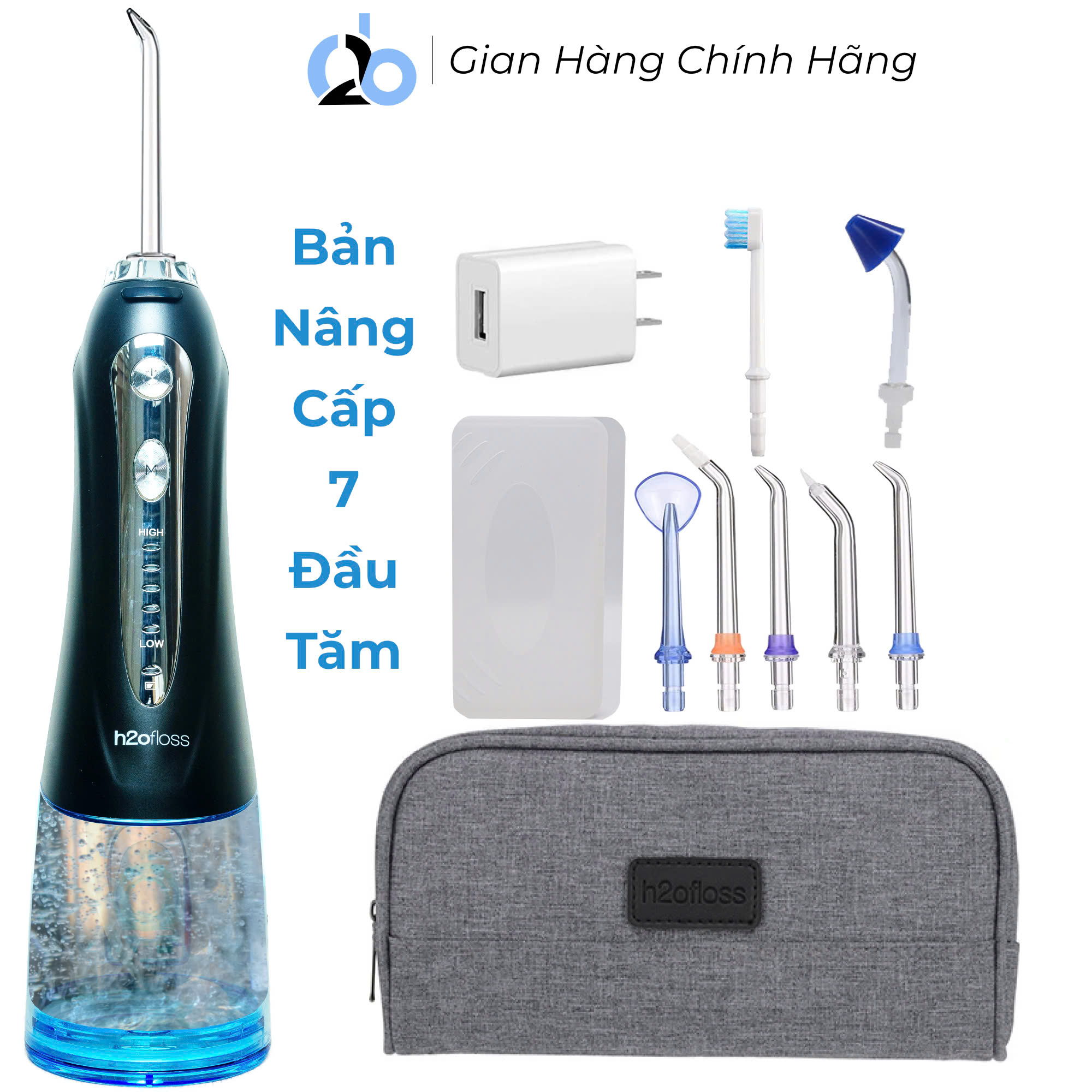 Tăm Nước Cầm Tay H2Ofloss Hf - 2 Phiên Bản Nâng Cấp Được Phân Phối Độc Quyền Với Nút Mở Bình Nước Tiện Lợi, Tặng Kèm 7 Đầu Tăm, Củ Sạc Nguồn Thấp - Hf9P Đen