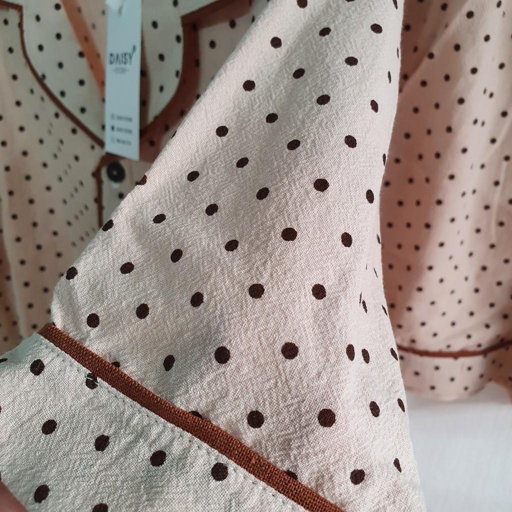 Pyjama thô đũi nền kem chấm bi nâu