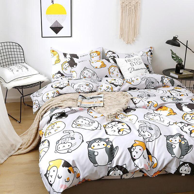 Bộ chăn ga gối Cotton poly M2T Bedding Mèo mập. vỏ chăn mền, drap nệm và 2 vỏ gối