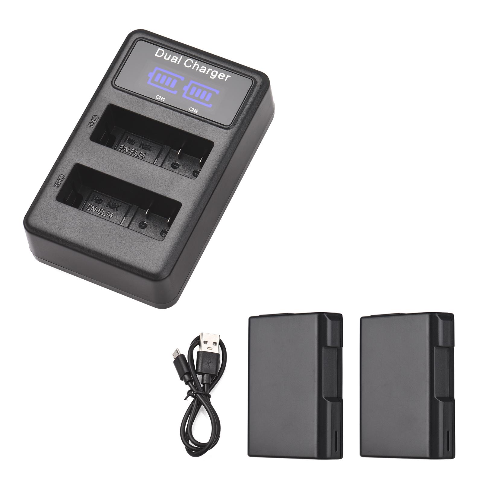 EN-EL14 Battery & Charger Kit 2pcs 7.4V 1500mAh Battery + 1pc Dual Channel Battery Charger LED Screen Display for Nikon