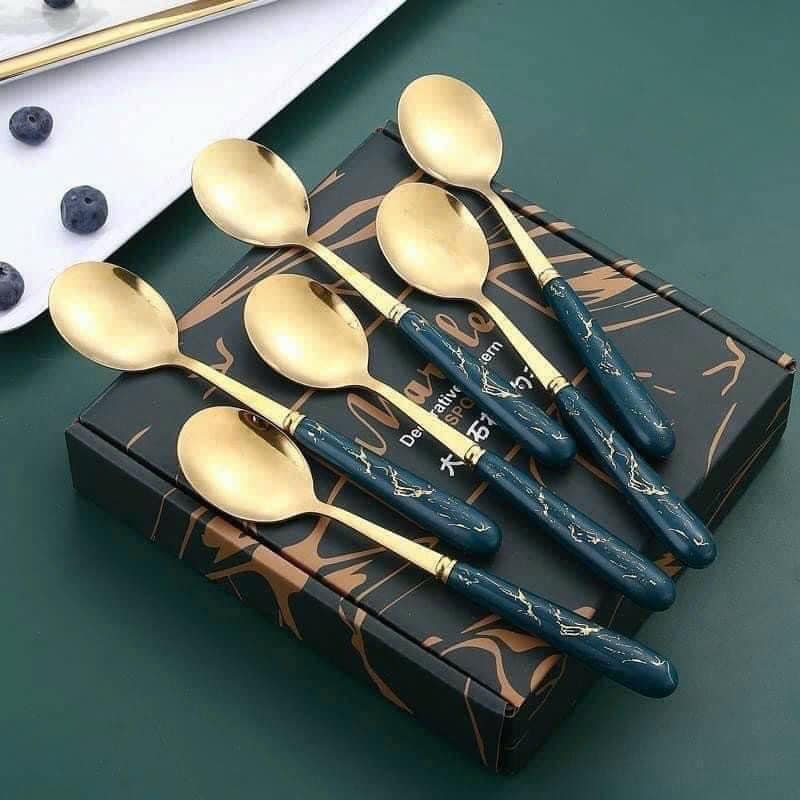Set 6 Thìa Inox Cán Sứ Vân Đá Xanh