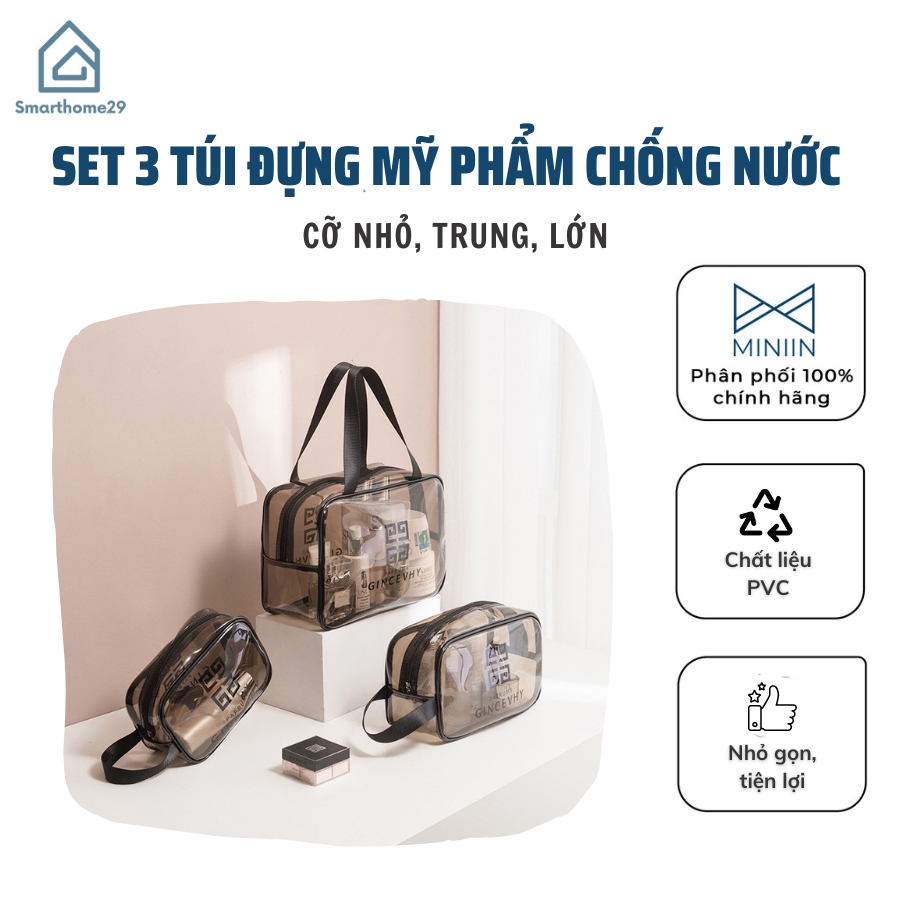 Set 3 Túi Đựng Mỹ Phẩm Trong Suốt Chống Thấm Nước Đa Dạng Kích Thước Đi Biển Đi Bơi Tiện Lợi Du Lịch - Hàng Loại 1 - CHính Hãng MINIIN