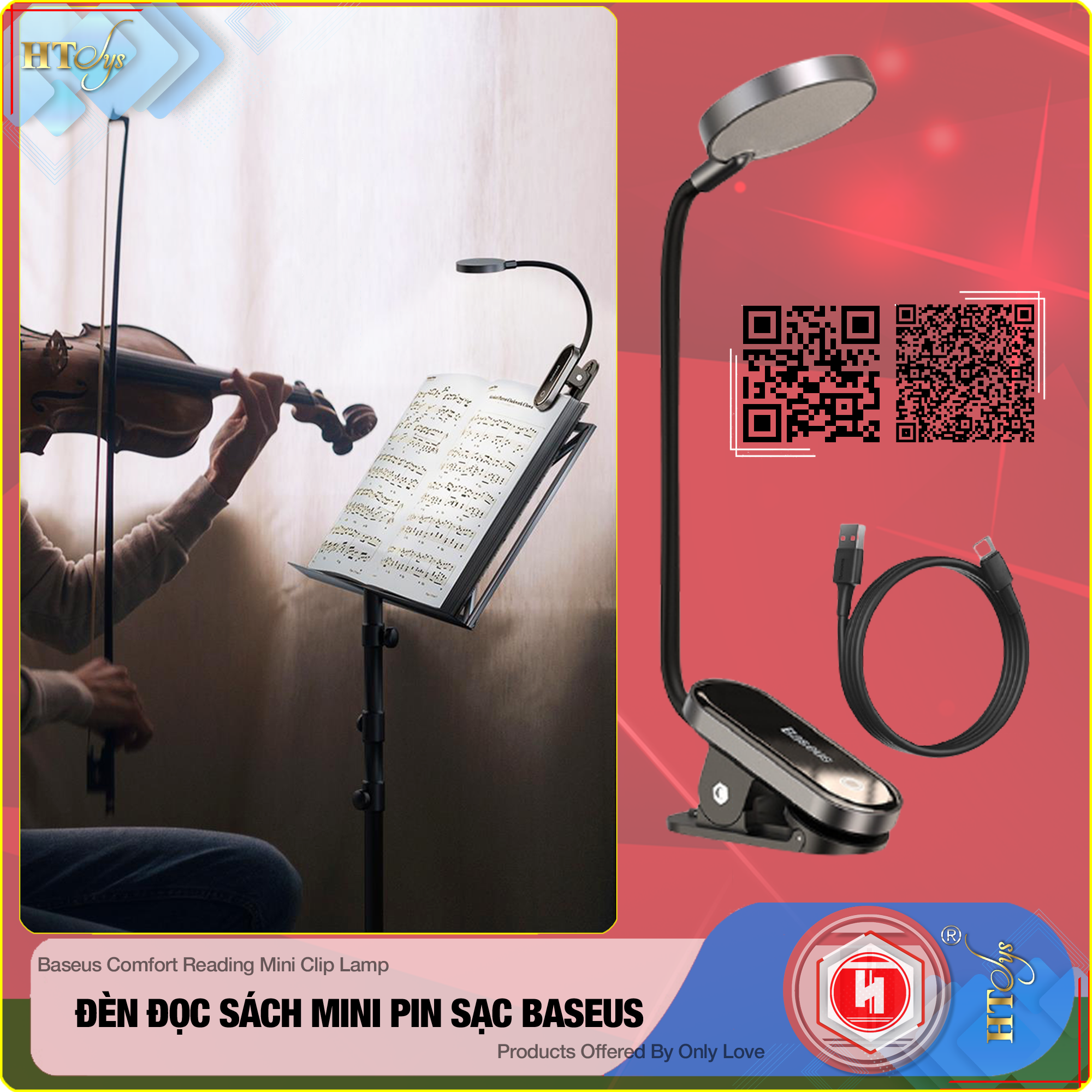 Đèn đọc sách mini Baseus Comfort Reading Mini Clip Lamp - Pin sạc 350mAh - Chân đế kẹp - 03 Cường độ sáng - 24H sử dụng - Hàng Nhập Khẩu