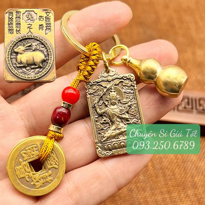 Móc Khóa 12 con Giáp phong thủy bằng đồng thau, mặt sau hình phật Bản Mệnh