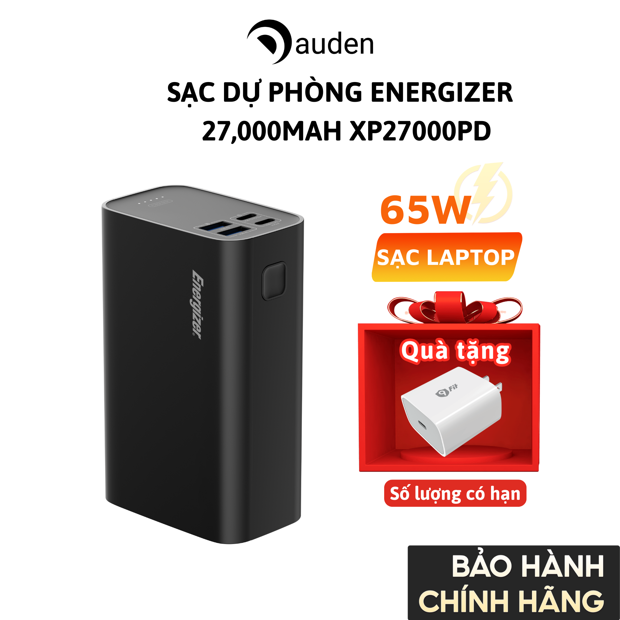 Sạc dự phòng Energizer PD65W 27,000mAh/3.7V Li-ion XP27001PD, hỗ trợ sạc cho Laptop, chống cháy nổ - Hàng chính hãng bảo hành 12 tháng