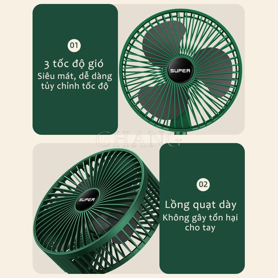 Quạt Tích Điện Gấp Gọn - Quạt Mini Để Bàn Xoay 180 Độ, 3 Tốc Độ Gió, Cổng Sạc USB Có Thể Điều Chỉnh Độ Cao Siêu Tiện Lợi