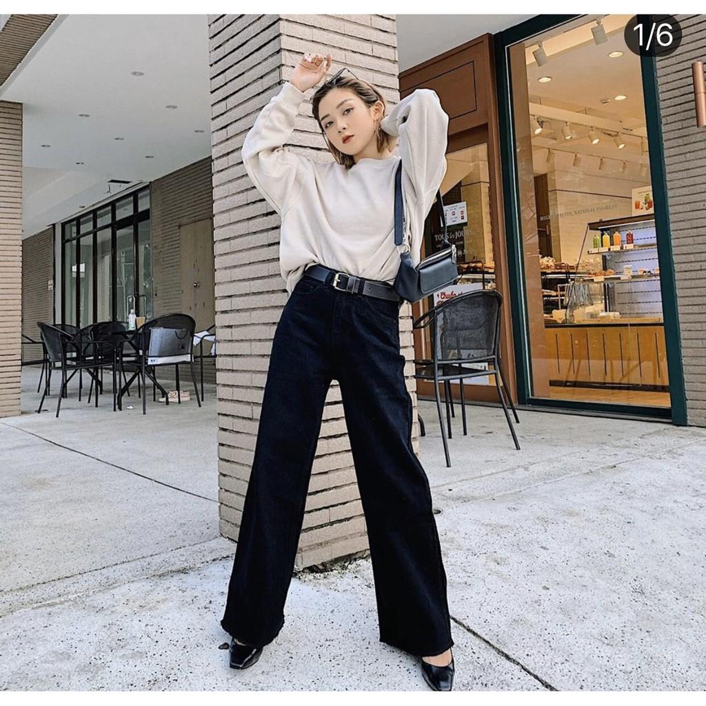 QUẦN JEAN DÀI ỐNG RỘNG LƯNG CAO TRƠN ĐEN BASIC - QUẦN BÒ NỮ CULOTTES SUÔNG N - T 40