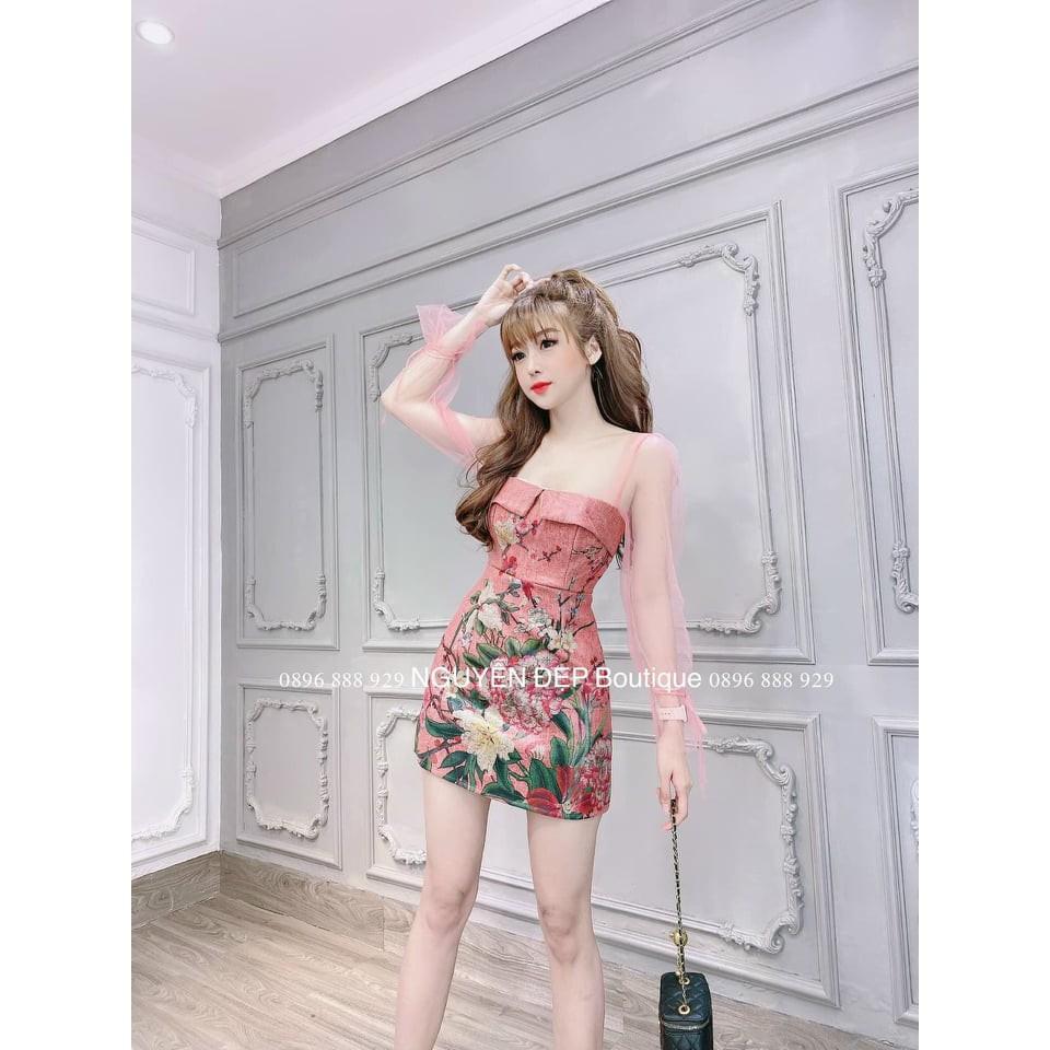 Đầm Nữ in Họa Tiết Phối tay Lưới Thời Trang