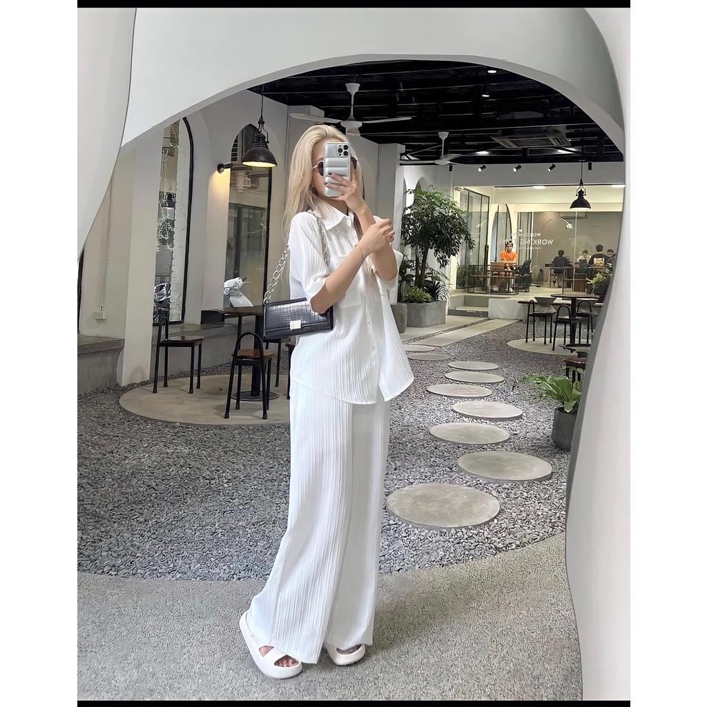 Bộ Áo Sơ Mi Cộc Tay Quần Culottes Nữ Vải Xốp Gân