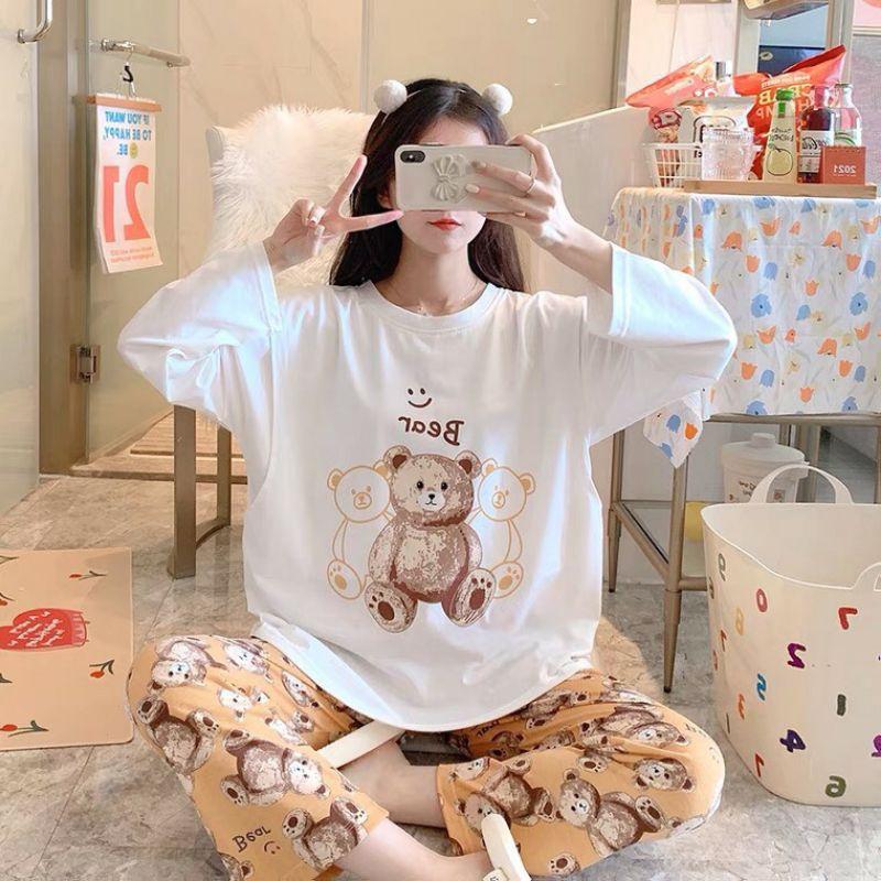 Đồ Bộ Thun Tay Dài Quần Dài In Họa Tiết Gấu Teddy Dễ Thương