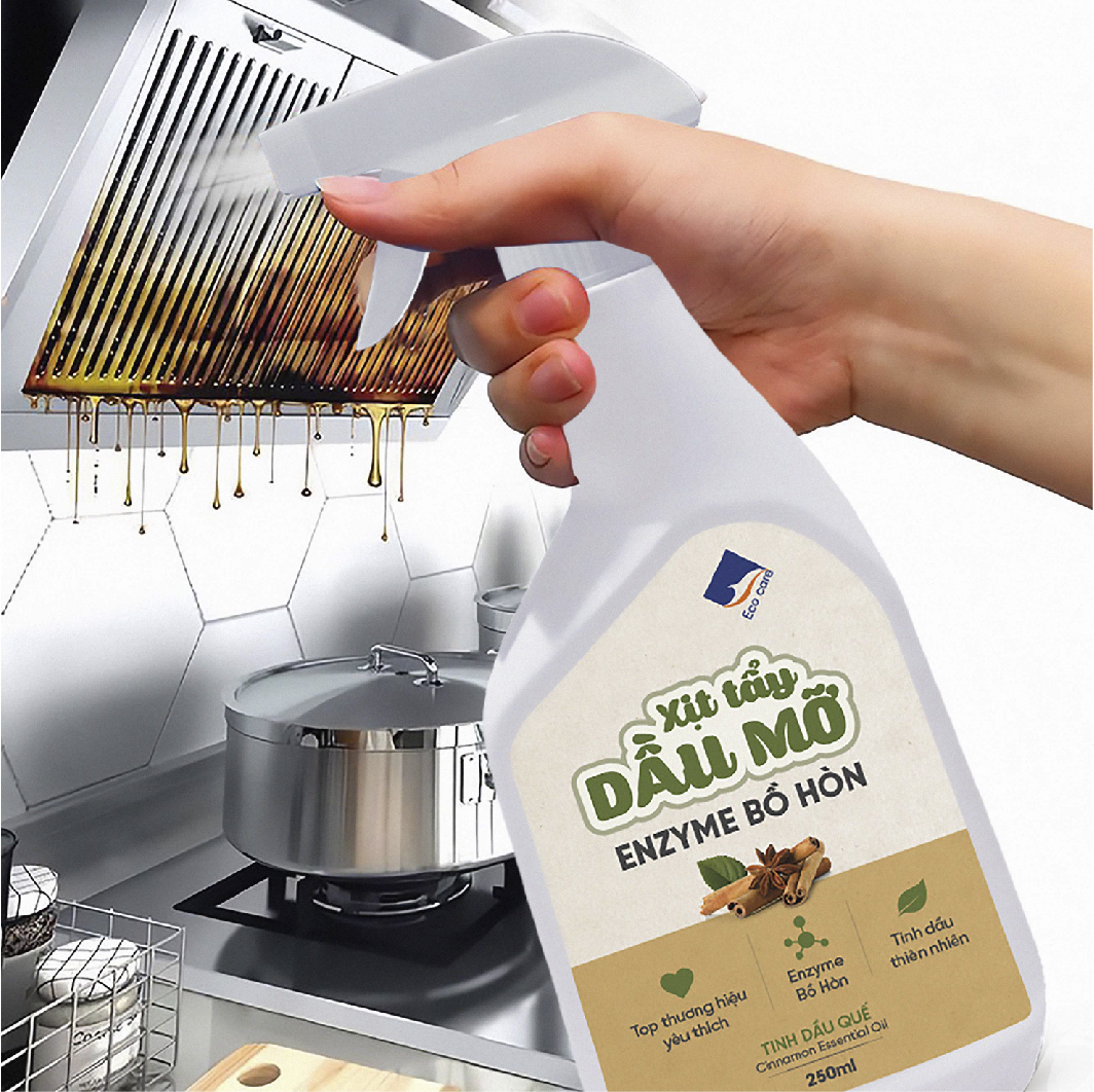 Xịt tẩy dầu mỡ Enzyme bồ hòn ECOCARE 500ml tinh dầu Quế/Cam Sả kháng khuẩn, làm sạch thiết bị nhà bếp