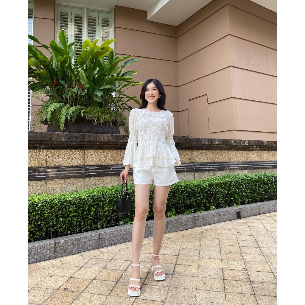 Áo kiểu nữ nhún thun màu trắng - Lovadova 22B08C001