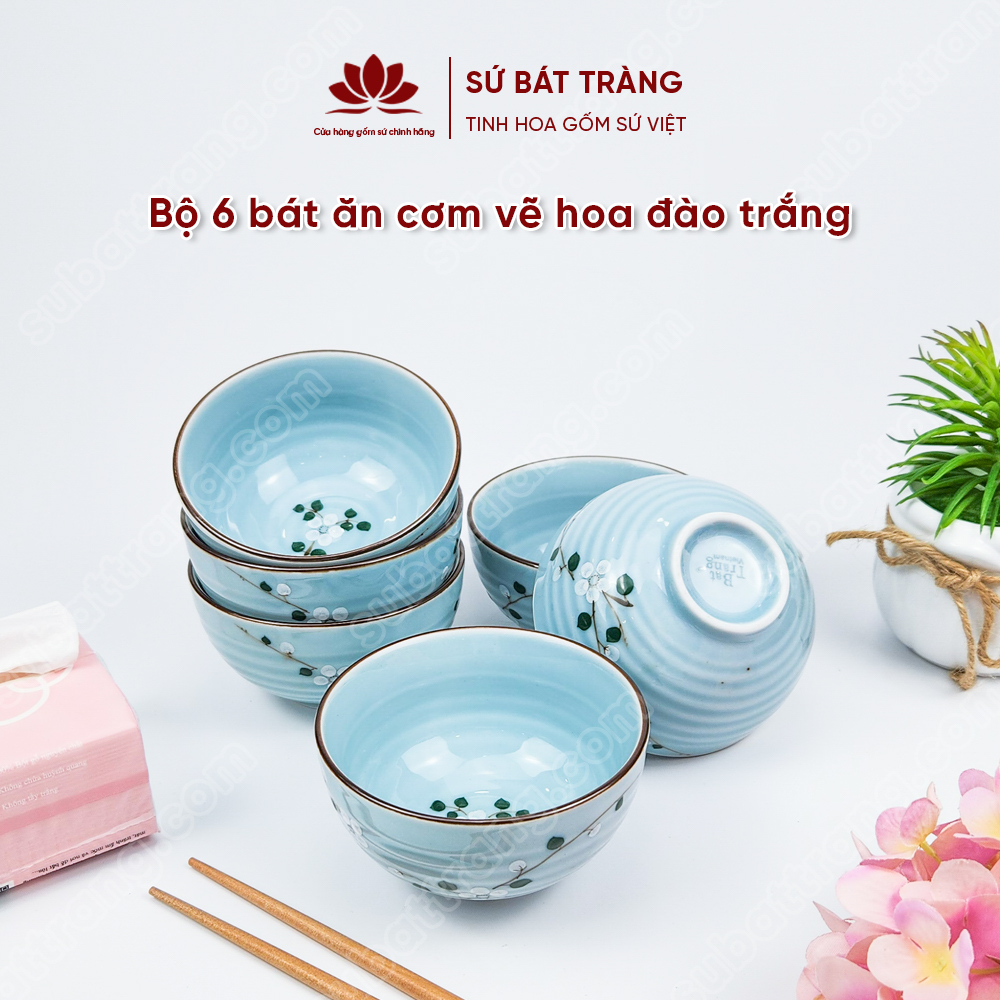 Bộ bát ăn cơm vẽ hoa đào trắng sứ Bát Tràng đẹp - Bộ 10 và 6 bát