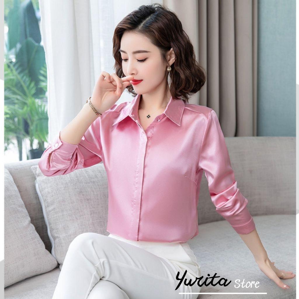 Áo Sơ Mi Nữ Công Sở Màu Hồng Cổ Đức YURITA Kiểu Hàn Quốc Vintage Ulzzang Form Rộng Dài Tay Đẹp Chất Lụa Cao Cấp A2V