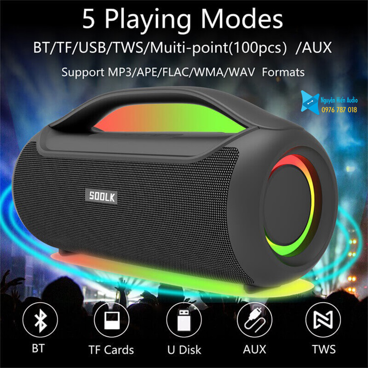 Loa SODLK T300 di động bluetooth 5.1 siêu trầm 100W, đèn RGB, công nghệ MaxxAudio DSP