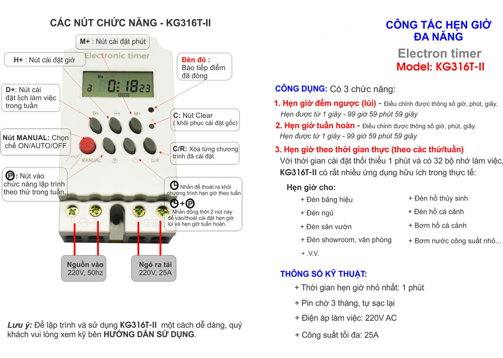 CÔNG TẮC HẸN GIỜ ĐA NĂNG KG316T-II, 220V AC - 25A.