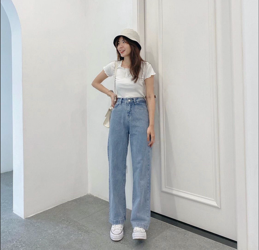 Quần jean Baggy ống suông rộng lưng cao nữ Ulzzang style Hàn Quốc