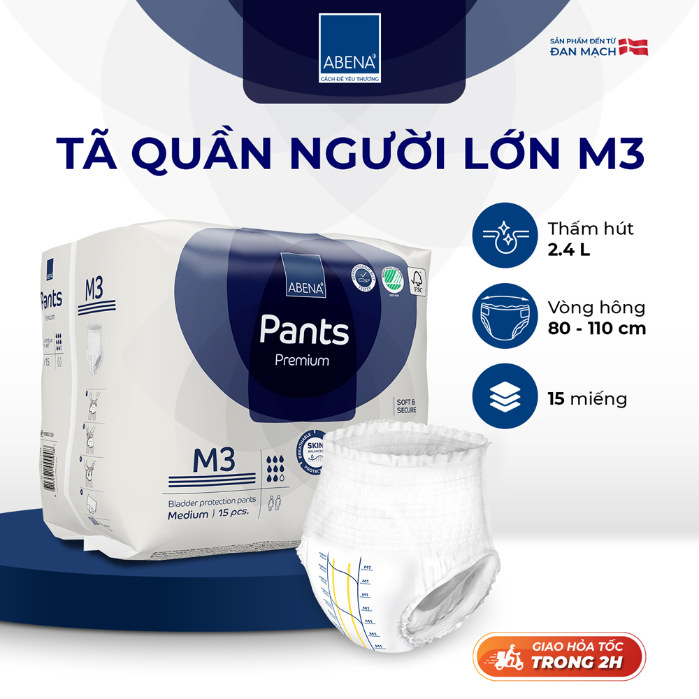 Tã quần người lớn Abena Pants Premium M3 gói 15 miếng thấm hút 2.400ml - Nhập khẩu Đan Mạch