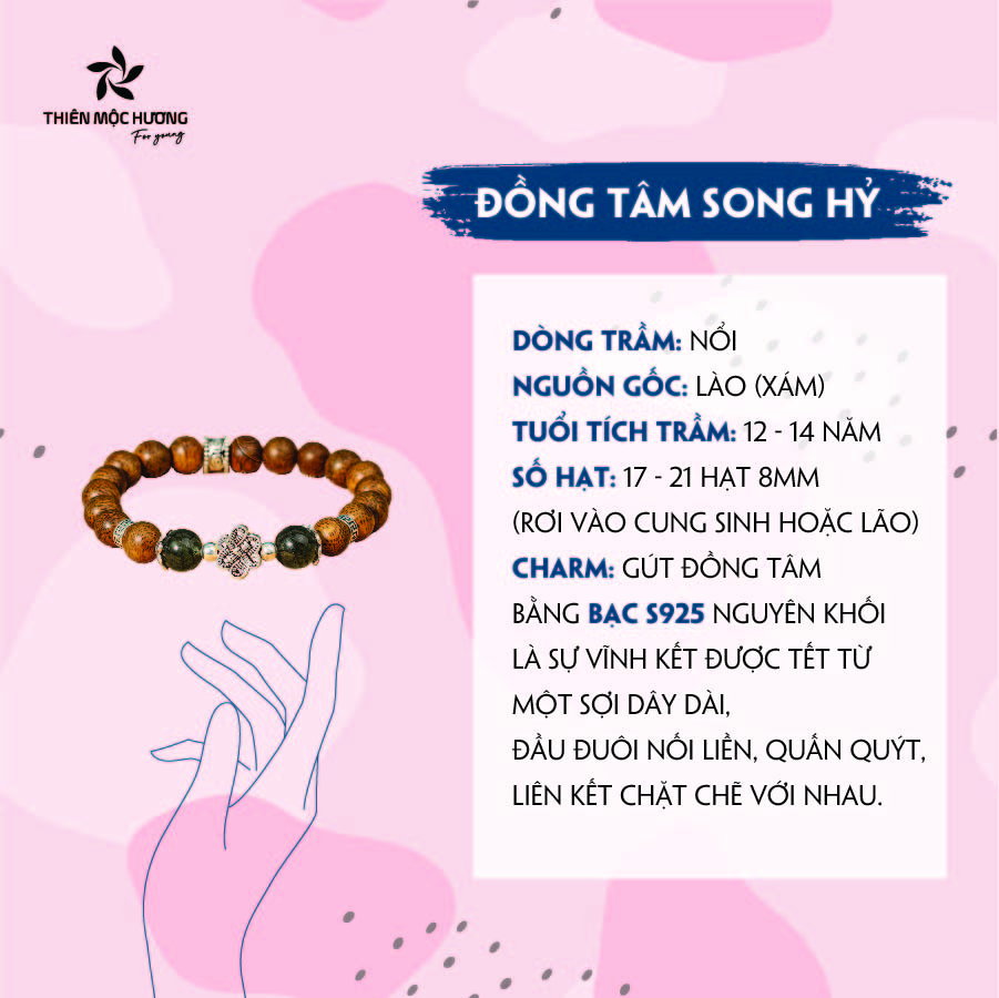 Vòng tay trầm hương tự nhiên Đồng Tâm Song Hỷ -  Charm bạc 925 và đá Phong Thủy - An lành, hạnh phúc - Trầm Tốc Việt Nam - Thiên Mộc Hương