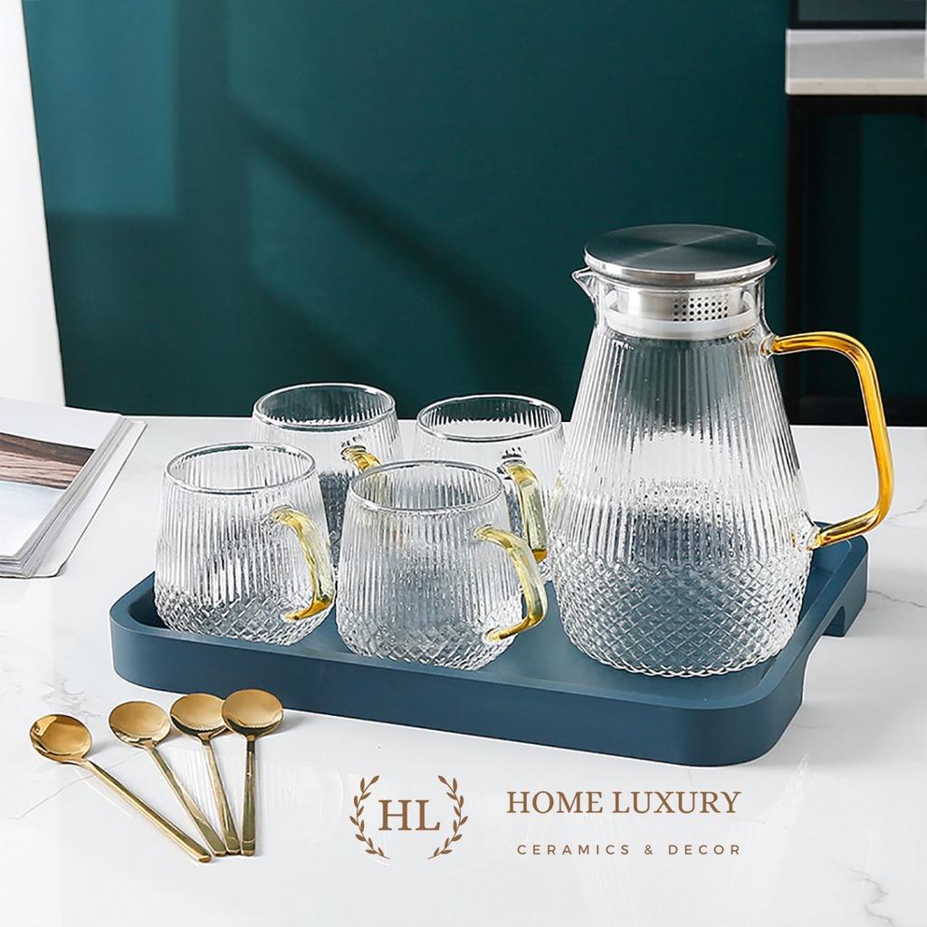 BỘ BÌNH CỐC BOROSILICATE SIÊU NHẸ - CHỊU NHIỆT - CƯỜNG LỰC | Bình cốc thuỷ tinh phong cách NORDIC vân kim cương
