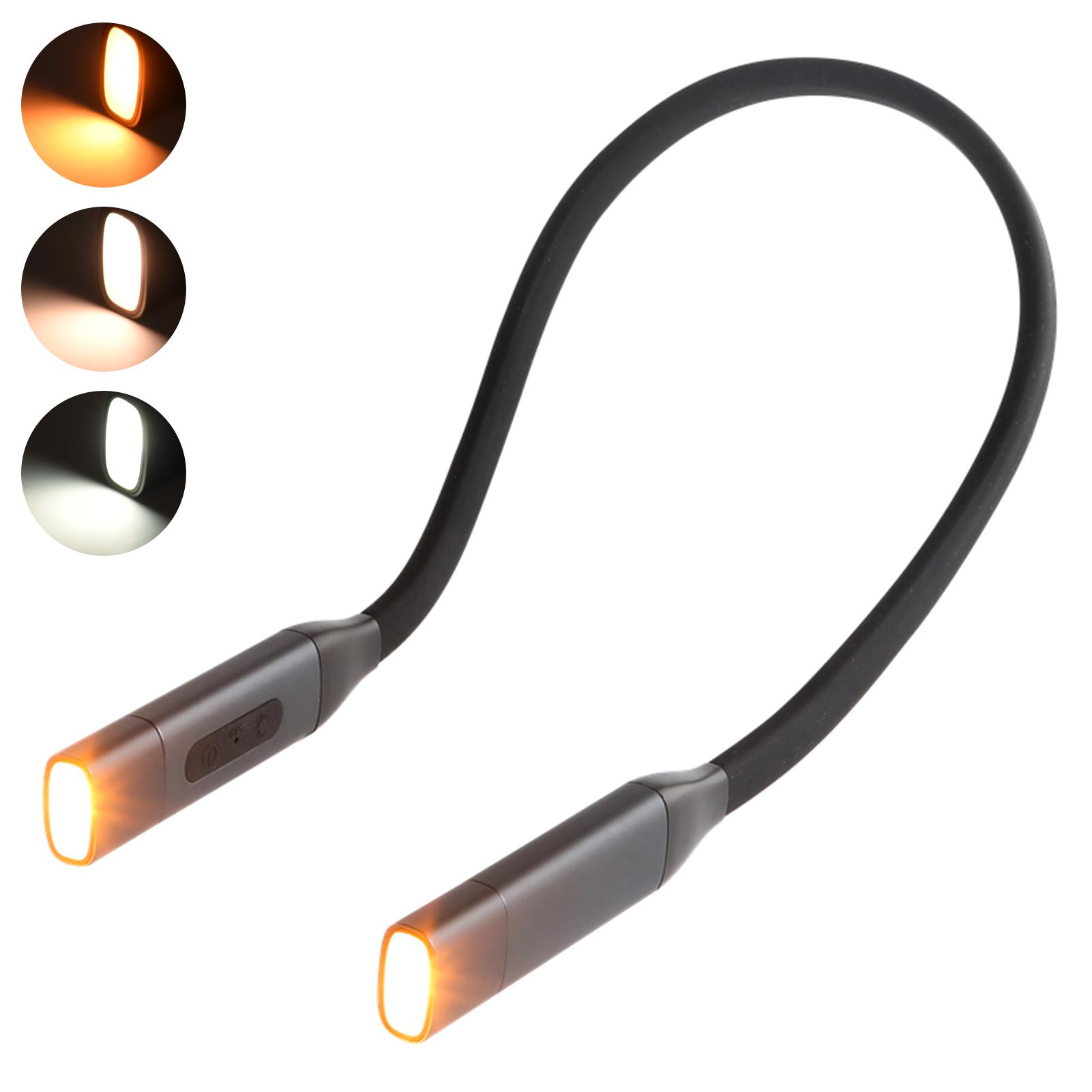 LED Neck Reading Light USB Rechargeable Book Light Bendable Silicone Arm Hand-Free 3 Colors Mode Stepless Dimming