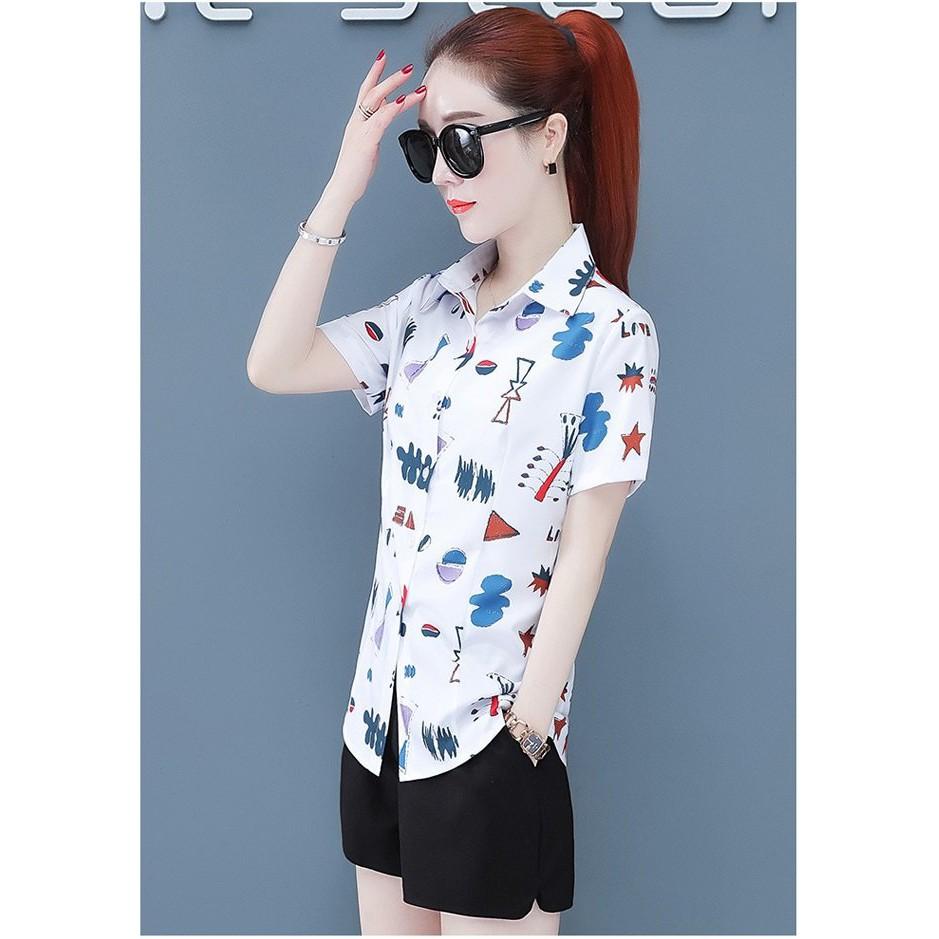 Áo sơ mi nữ ngắn tay họa tiết lạ s69
