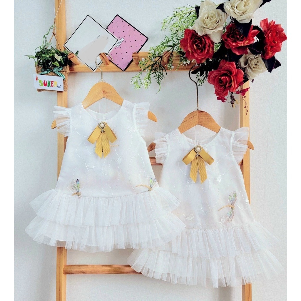 Đầm voan công chúa cho bé gái dự tiệc diện tết đẹp thêu chuồn chuồn size 10-32kg hàng thiết kế cao cấp