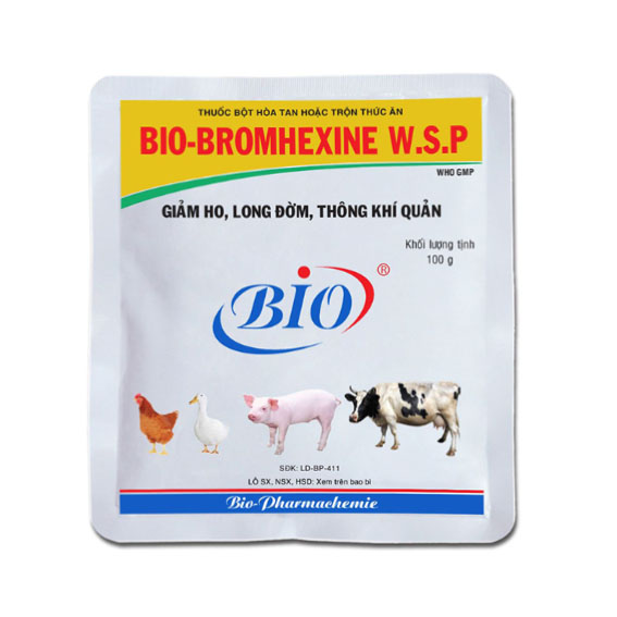 Thuốc bột hoà tan hoặc trộn thức ăn BIO-BROMHEXINE W.S.P giảm ho long đờm thông khí quản