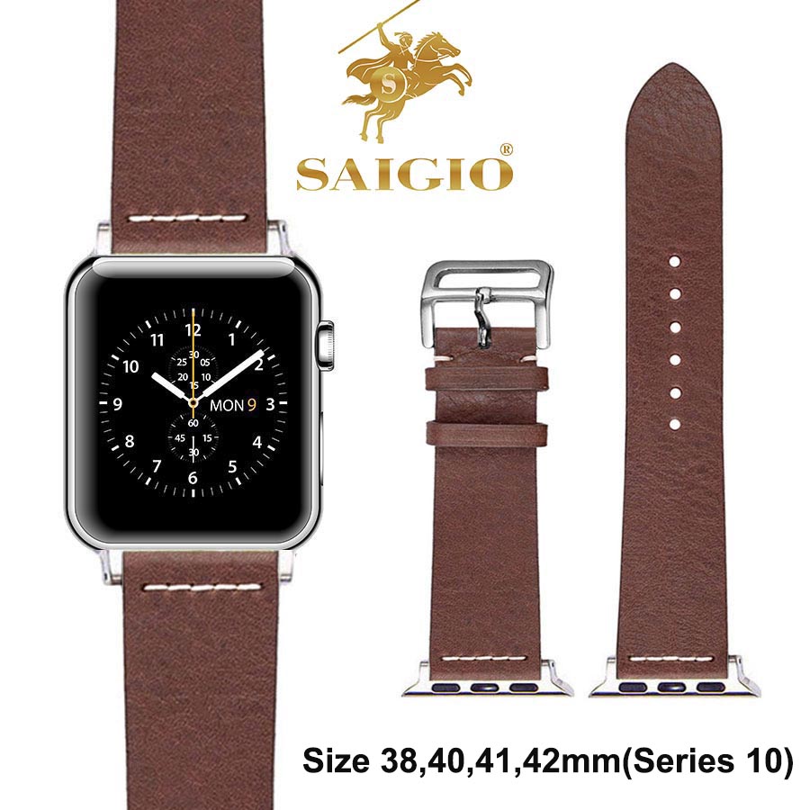 Dây Da Apple Watch 42mm 41mm 40mm 38mm, Chất Liệu Da Bò Cao Cấp, Phong Cách Vintage Thread Hoài Cổ, Đơn Giản Và Tinh Tế, Tương Thích Các Phiên Bản Series 10/9/8/7/6/5/4/3/2/1/SE/SE2 - Hàng Chính Hãng SAIGIO