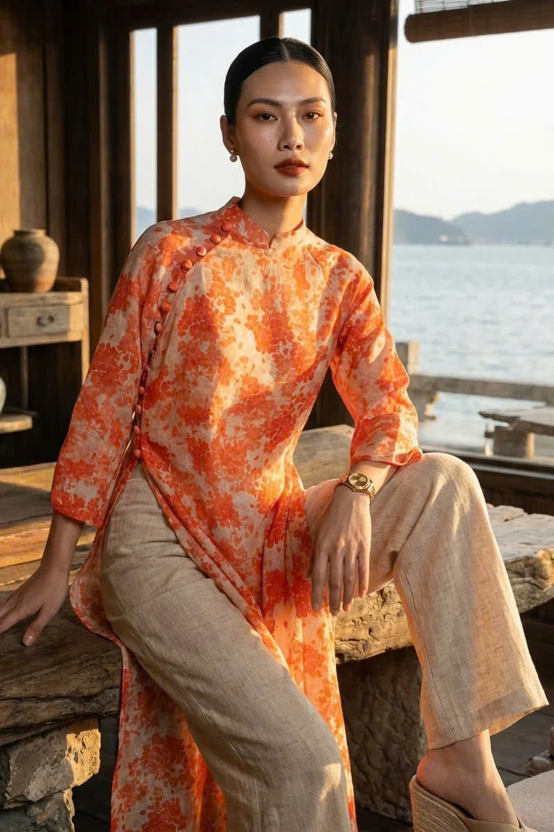 Áo Dài Suông Tay Raglan Vải Gai Xanh Ramie Hoa ADA001 thời trang thiết kế Hity