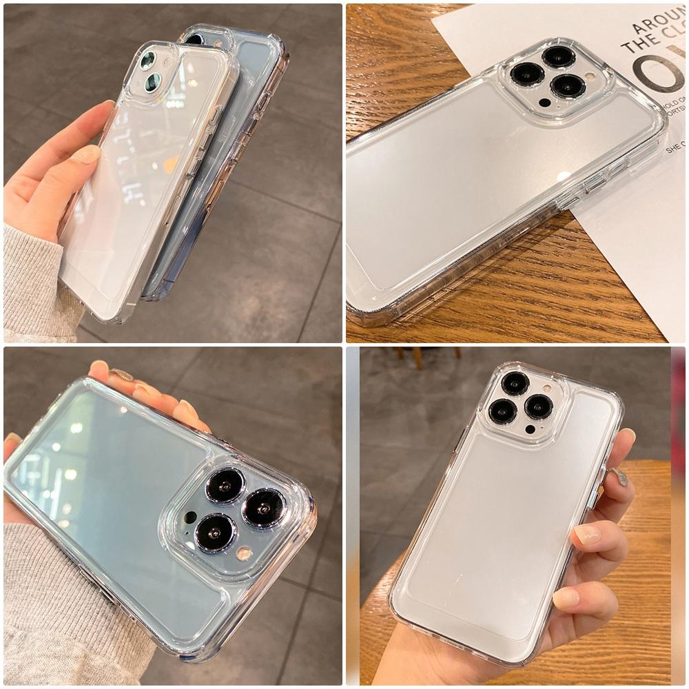 Ốp điện thoại dành cho iPhone trong suốt mặt lưng chống ố vàng, nút kim loại dễ bấm, Silicon dày dặn chống sốc không che camera