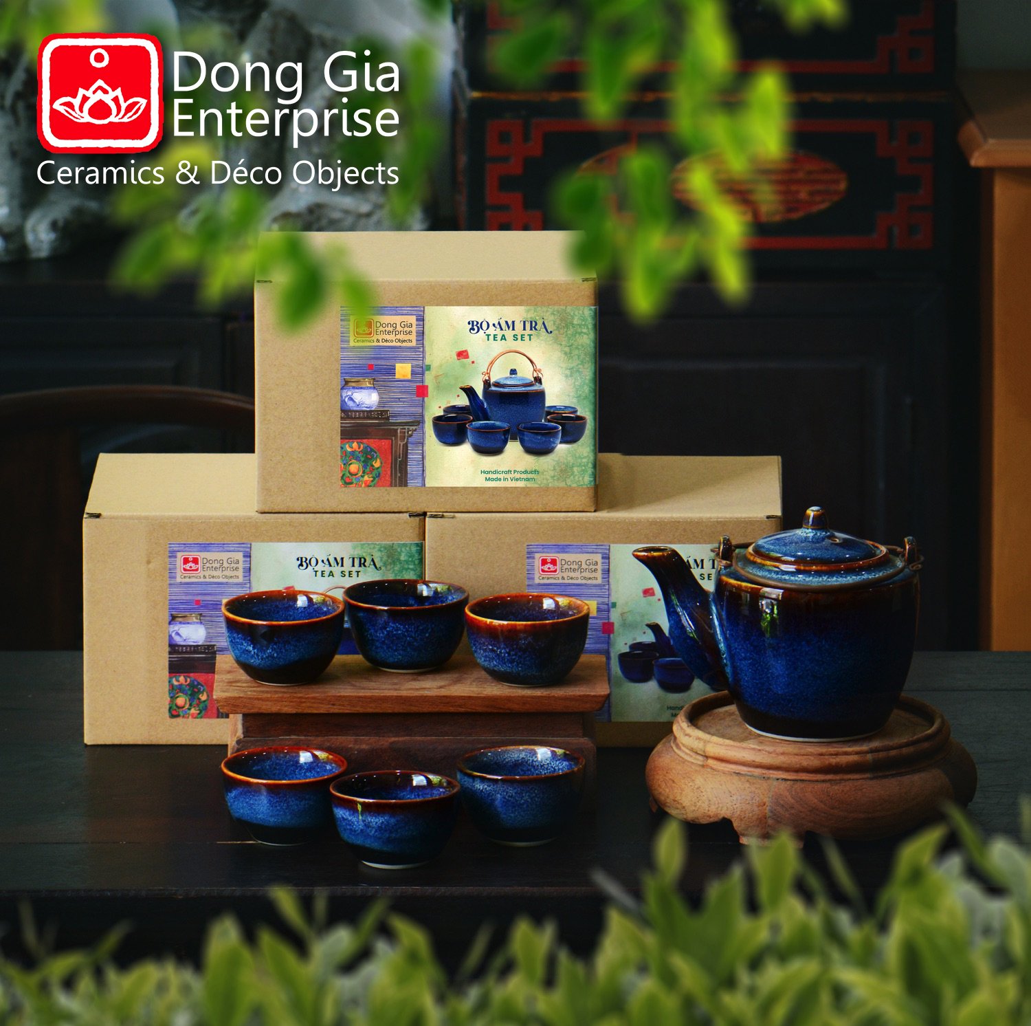 Bộ ấm dáng mới Đông Gia -màu men hỏa biến tự nhiên xanh sóng biển 8094