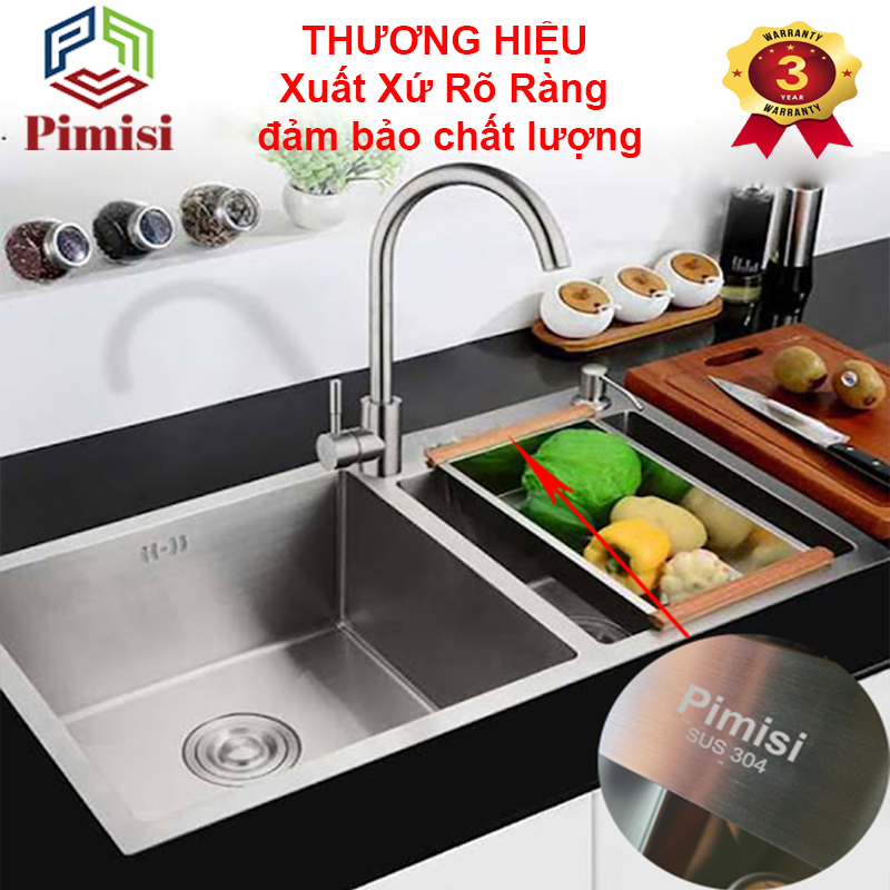 Chậu rửa bát inox 304 Pimisi đúc 2 hố cân, lệch - kích thước 7843-8245 cm đầy đủ xi phông dùng để rửa chén bát gắn được cả âm bàn đá | Hàng chính hãng