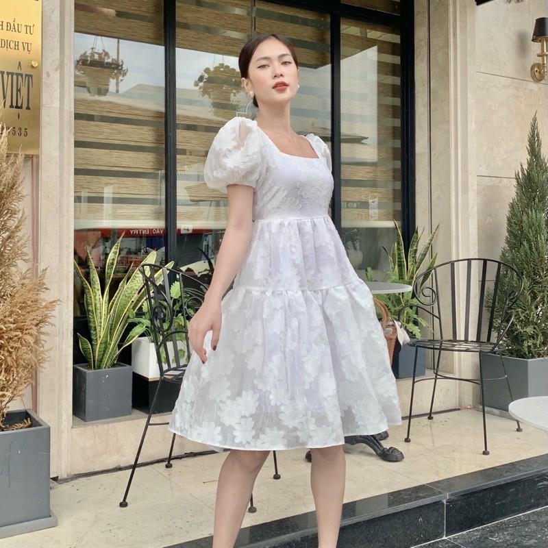 Đầm ulzzang dáng dài xoè trắng cutout lưng tay phồng - Audrey Studio