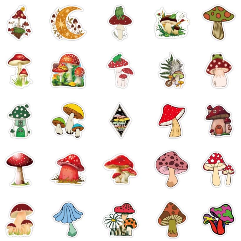 Bộ Sticker - Miến Dán Siêu Kute - Miến Dán Họa Tiết Nấm - các loại nấm siêu cute (bộ 100 miếng)