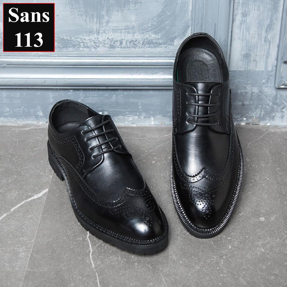 Giày oxford nam da bò thật cao cấp Sans113 giầy tây công sở đen mũi tròn âu buộc dây chú rể cưới brogue derby wingtip