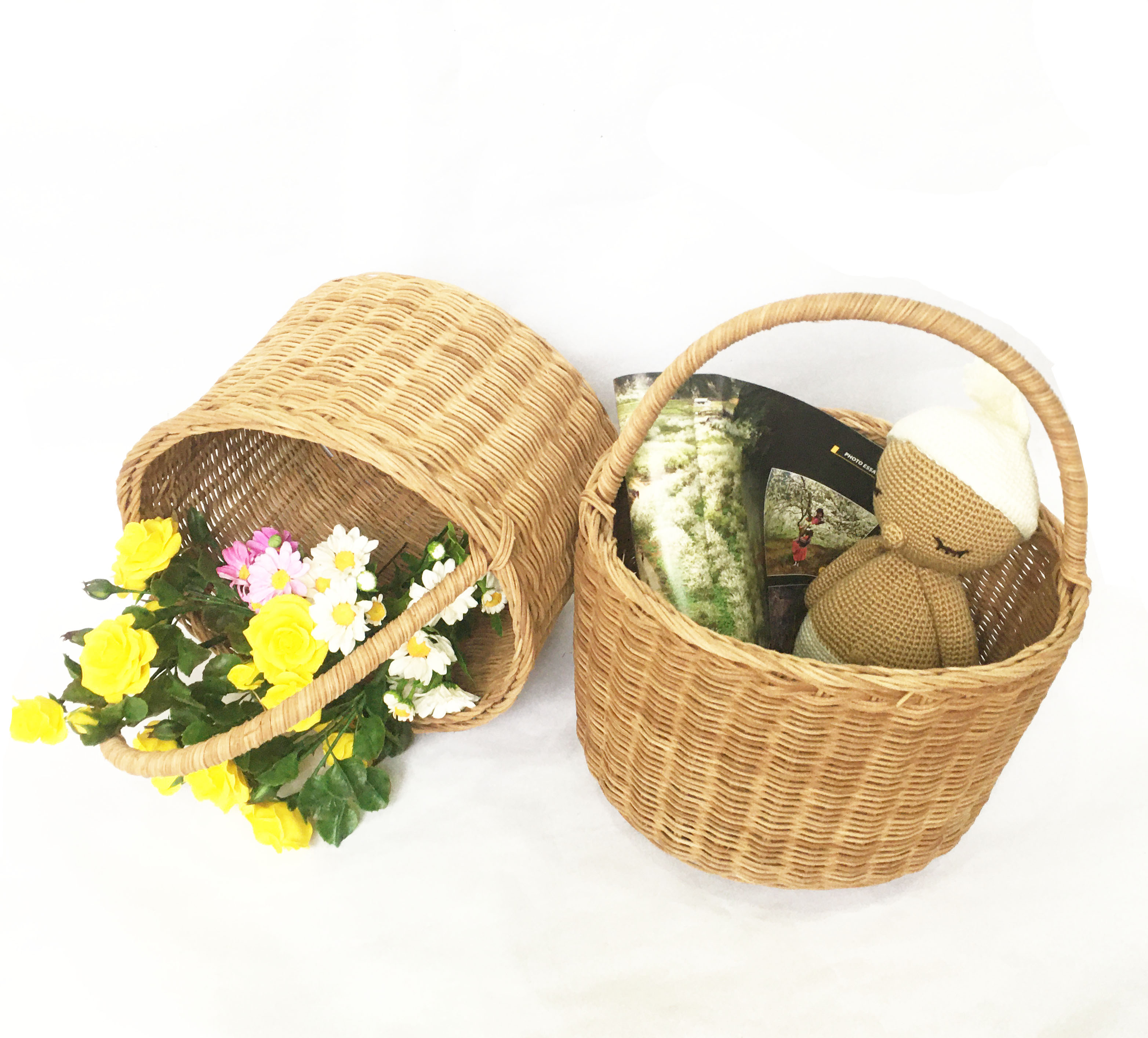 Giỏ picnic bằng mây tự nhiên vintage - sọt mây tròn đựng đồ đa năng có quai handmade