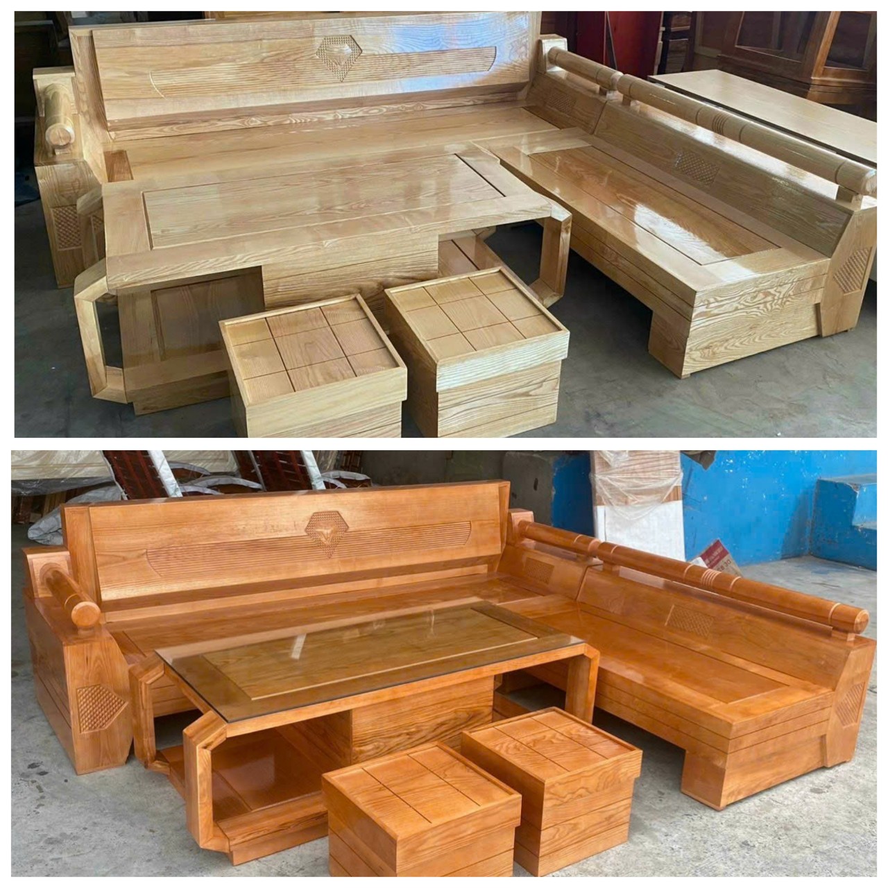 Bộ sofa sồi góc L kim cương dài 2m tay trơn thanh lịch -Bộ bàn phòng khách gía rẻ