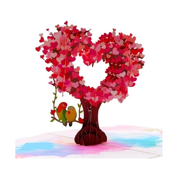 Thiệp 3D Pop Up Cây Tình Yêu Trái Tim &amp; Đôi Chim – Thiệp Valentine, Thiệp Tình Nhân, Thiệp Lãng Mạn, L22