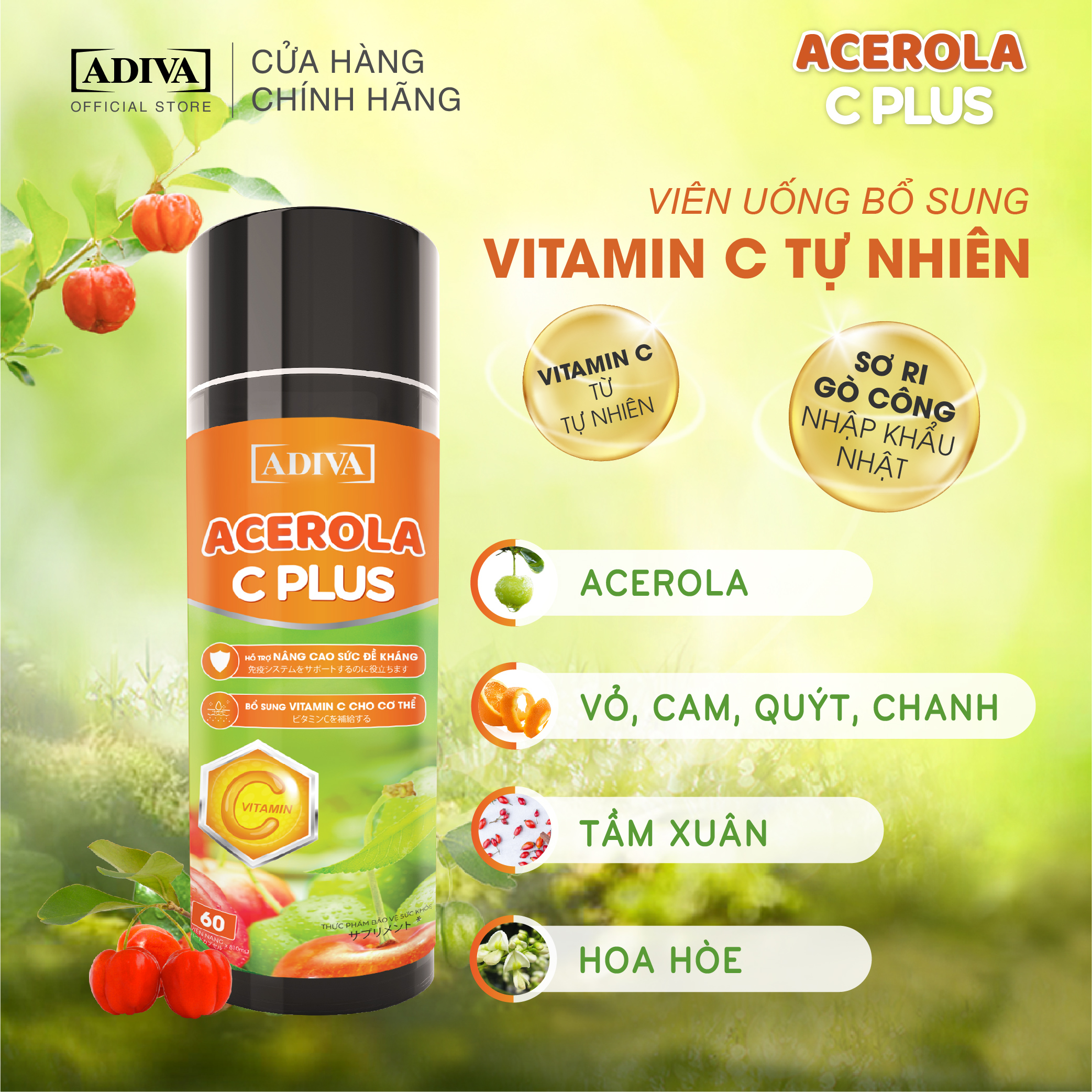 Viên Uống Bổ Sung Vitamin C ADIVA Acerola C Plus 60 Viên- Giúp Tăng Cường Sức Đề Kháng Cho Cơ Thể