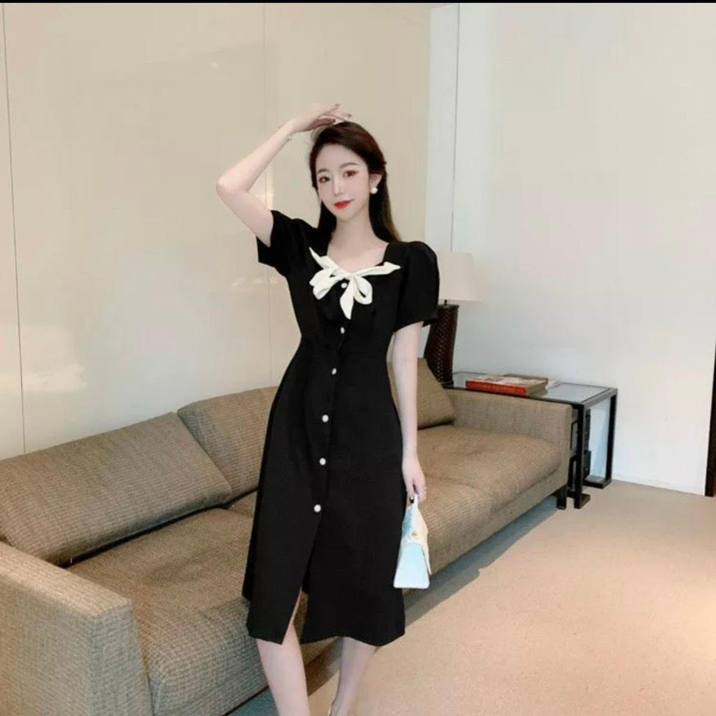 ĐẦM MIDI ĐEN PHỐI NƠ CỔ 12524