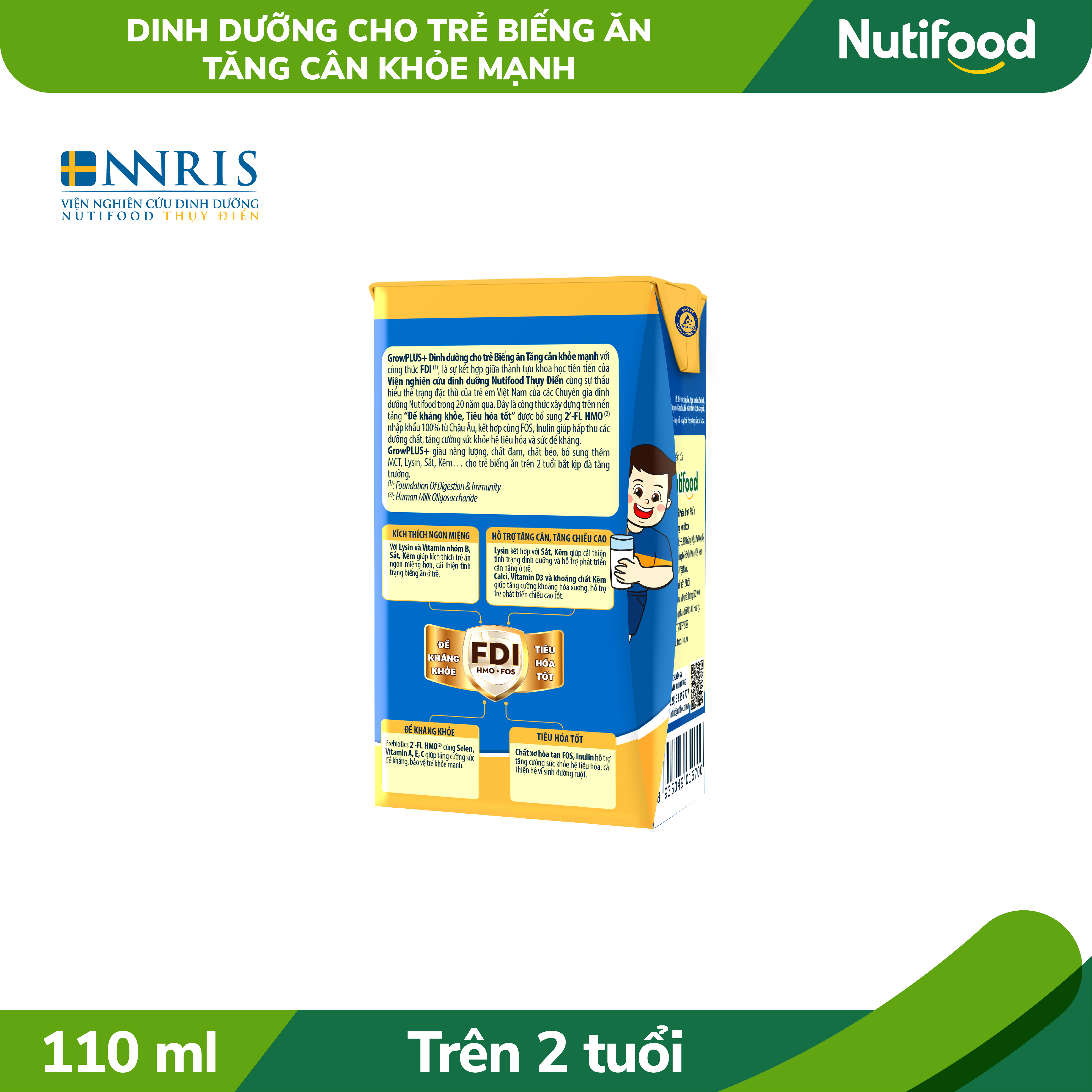 Thùng Sữa bột pha sẵn GrowPLUS+ Biếng ăn (XANH) cho trẻ tăng cân khoẻ mạnh (Trên 2 tuổi) (48 hộp x 110ml)